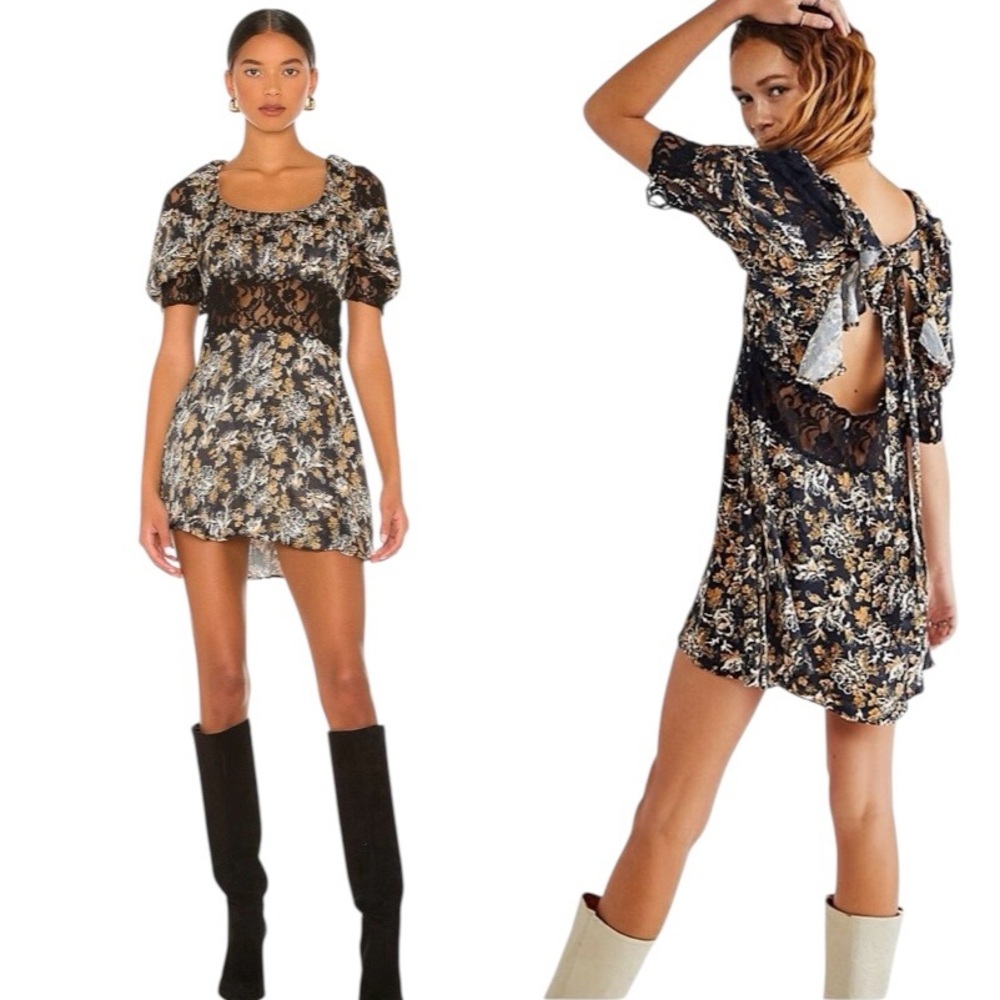 Free People Lucie Floral Lace Cutout Mini Dress Puff Sleeve Y2K Dark Romantic 12